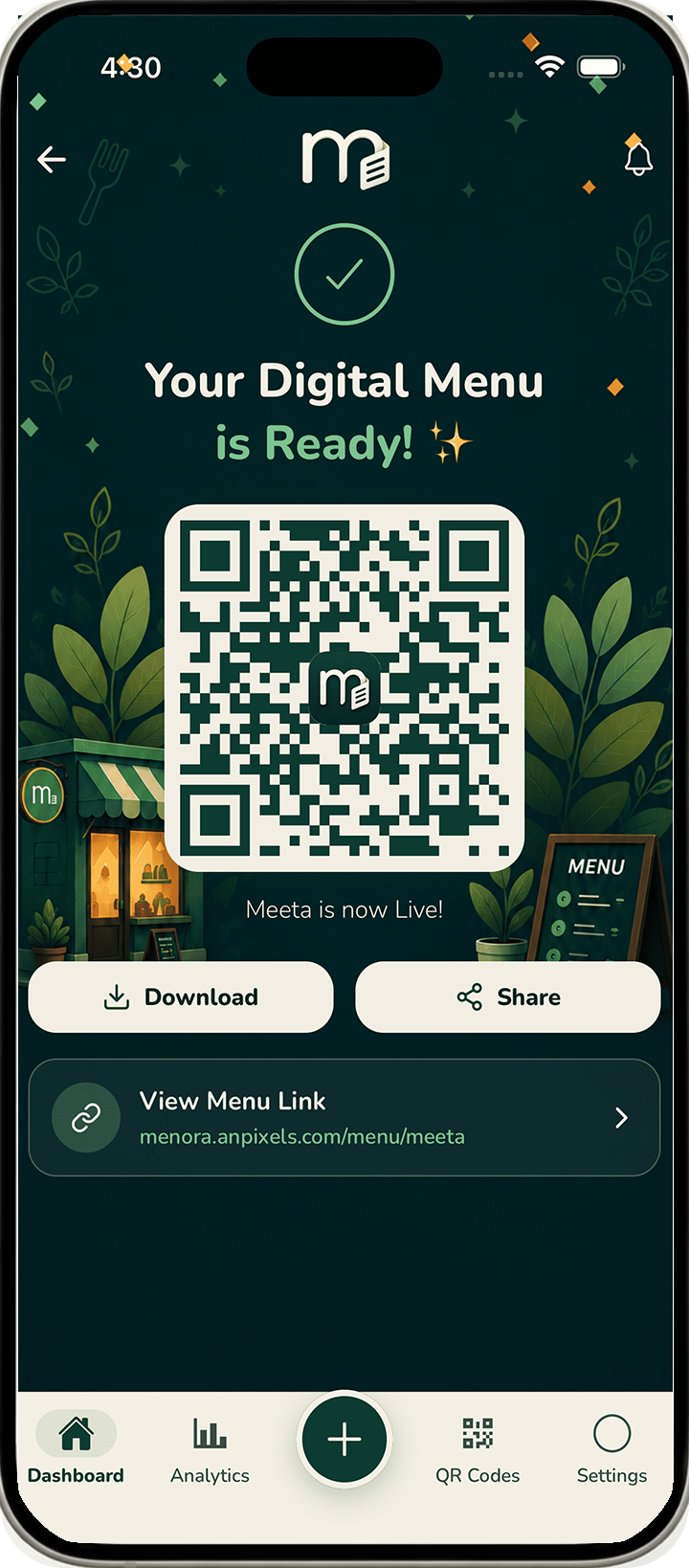 Menora digital menu app on iPhone showing a restaurant menu management interface.