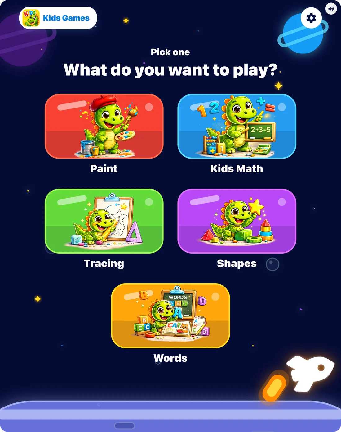 Kids Games 3-5 game picker on iPad: a cartoon dinosaur in a space scene with tiles for Paint, Kids Math, Tracing, Shapes and Words.