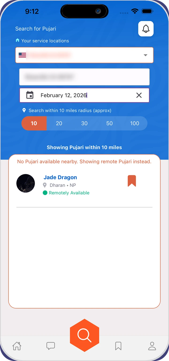 Pujari Go on iPhone: a Pujari search screen with a service location, a date and a 10-mile radius selector, listing a remotely available Pujari.